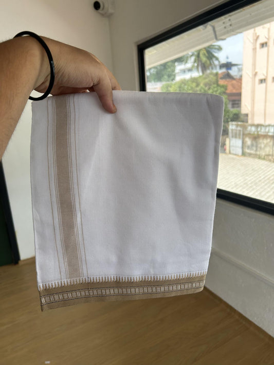 Premium Kathar Type Mercerised Pure Cotton Single Mundu Kaitharikada Special - Kaily / Lungi -2/ 40s - 1.75 inch Sand Brown Striped kara with White colour Body Kuppadam Border 2.25 mtr (4.82 muzham) - 7 KK8053 KUT