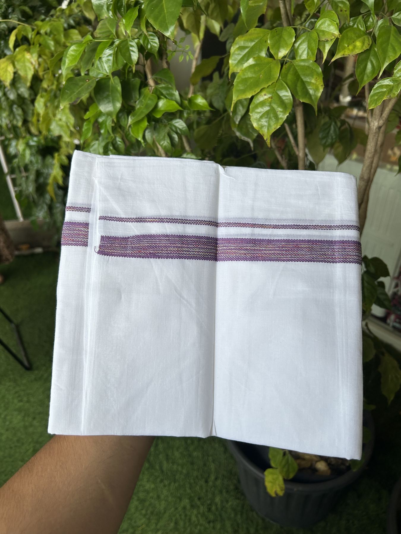 20% Discount ! Kaitharikada Balaramapuram 100% Cotton Pure White Rainbow Double Mundu/Dothi - 100x80 - 0.75 inch Purple & Multi colour Kara 3.80 mtr (8 muzham) - 48 KK5319 THI