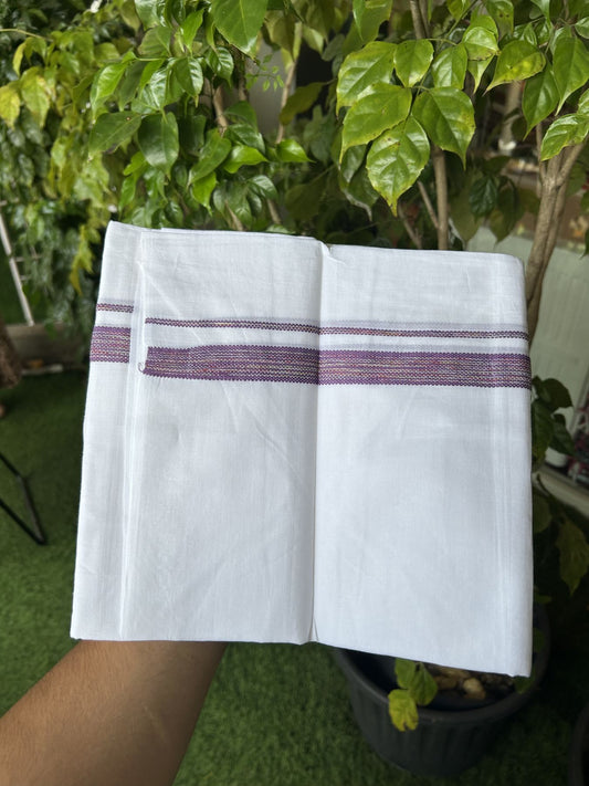 20% Discount ! Kaitharikada Balaramapuram 100% Cotton Pure White Rainbow Double Mundu/Dothi - 100x80 - 0.75 inch Purple & Multi colour Kara 3.80 mtr (8 muzham) - 48 KK5319 THI