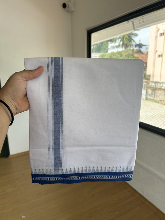 Premium Kathar Type Mercerised Pure Cotton Single Mundu Kaitharikada Special - Kaily / Lungi -2/ 40s - 1.75 inch Denim Blue Striped kara with White colour Body Kuppadam Border 2.25 mtr (4.82 muzham) - 4 KK8053 KUT