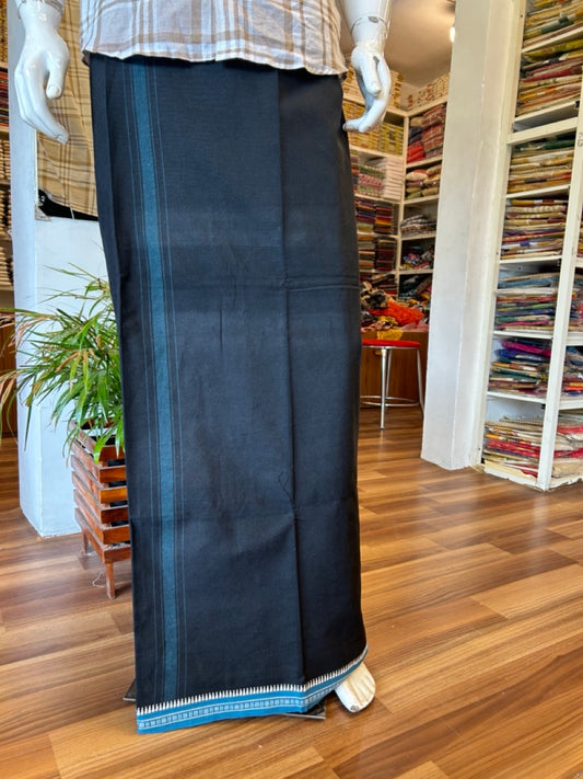 27% Discount!!! Kaitharikada Pure Cotton - Single Kaily / Lungi - 1.75 inch Blue Striped kara with Black colour body Kuppadam Border (2 meter / 4 muzham) - 2KK8002AST