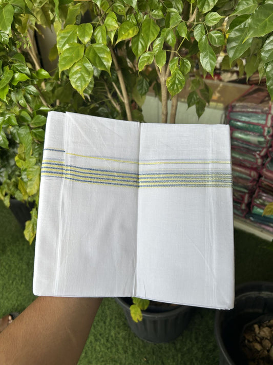 20% Discount ! Kaitharikada Balaramapuram 100% Cotton Pure White Rainbow Double Mundu/Dothi - 100x80 - 0.75 inch Fluorescent & Blue Multi colour Kara 3.80 mtr (8 muzham) - 47 KK5319 THI