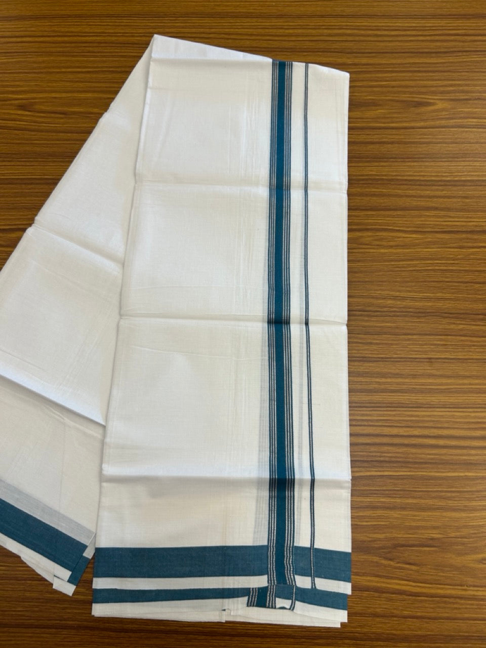 16% Discount!! KaithariKada Balaramapuram 100% Cotton Single Pure White Mundu/Dhoti - 100X80 - 1 inch Silver Kasav Peacock Blue Stripes kara 1.90 mtr (4 muzham) - 30 KK5282 PMC