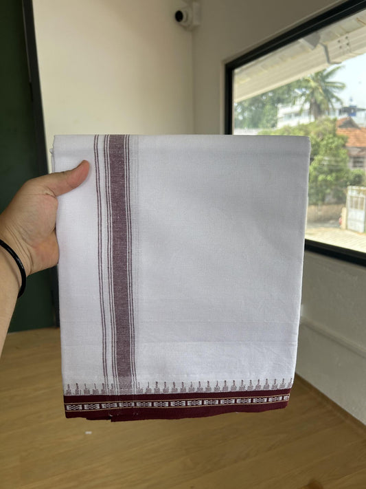 Premium Kathar Type Mercerised Pure Cotton Single Mundu Kaitharikada Special - Kaily / Lungi -2/ 40s - 1.75 inch Maroon  Striped kara with White colour Body Kuppadam Border 2.25 mtr (4.82 muzham) - 6 KK8053 KUT
