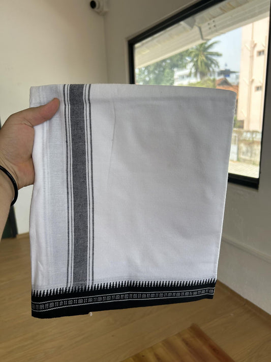 Premium Kathar Type Mercerised Pure Cotton Single Mundu Kaitharikada Special - Kaily / Lungi -2/ 40s - 1.75 inch Black Striped kara with White colour Body Kuppadam Border 2.25 mtr (4.82 muzham) - 1 KK8053 KUT