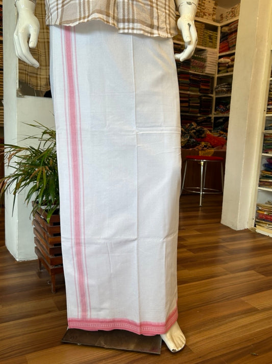 27% Discount!!! Kaitharikada Pure Cotton - Single Kaily / Lungi - 1.75 inch Pink Striped Kuppadam kara with White colour body (2 meter / 4 muzham) - 9KK8002AST