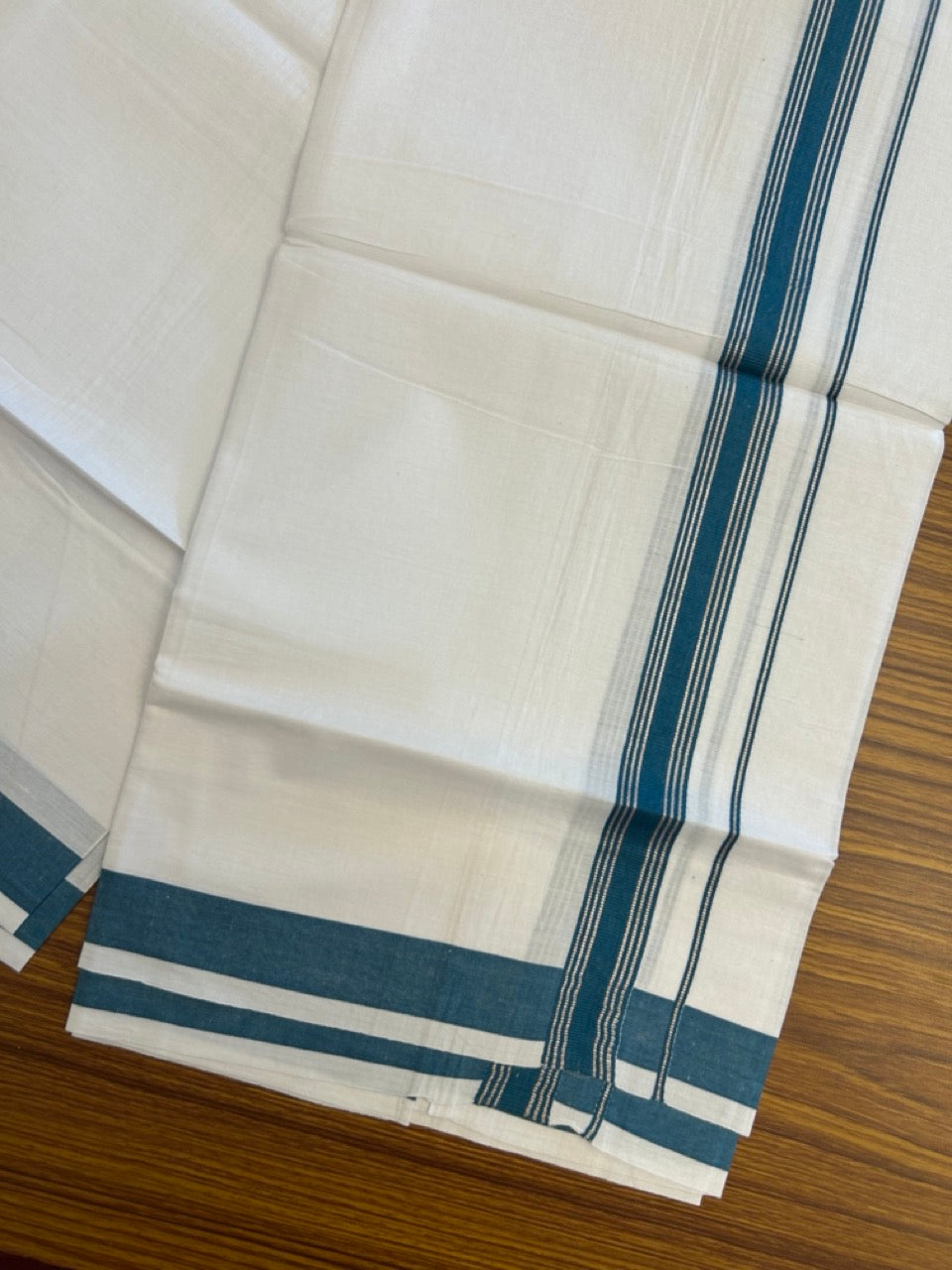 16% Discount!! KaithariKada Balaramapuram 100% Cotton Single Pure White Mundu/Dhoti - 100X80 - 1 inch Silver Kasav Peacock Blue Stripes kara 1.90 mtr (4 muzham) - 30 KK5282 PMC