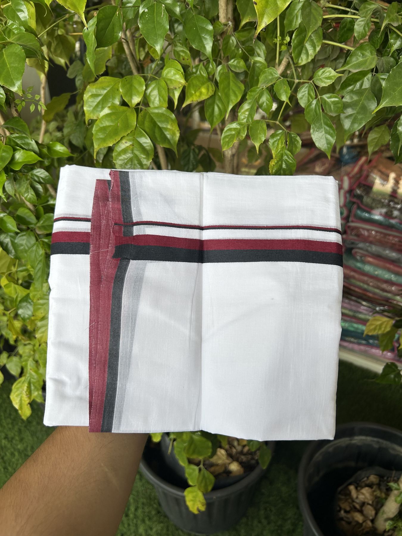 Dmk Veshti - 20% Discount ! KaithariKada 100% Cotton Pure White Double Mundu/Dhoti - 100X80 - 0.75 inch Black & Maroon Red kara 3.80 mtr (8 mulam)-  9 KK5319 THI