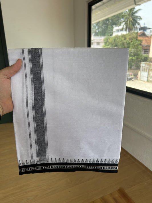 Premium Kathar Type Mercerised Pure Cotton Single Mundu Kaitharikada Special - Kaily / Lungi -2/ 40s - 1.75 inch Black Striped kara with White colour Body Kuppadam Border 2.25 mtr (4.82 muzham) - 5 KK8053 KUT