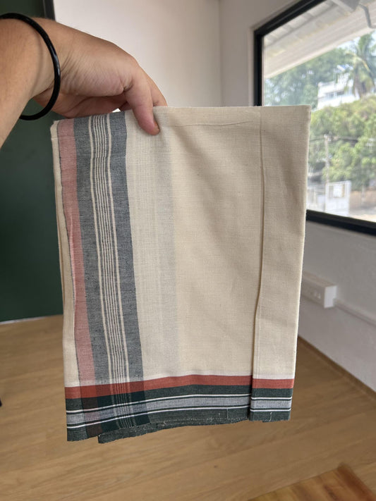 Kaitharikada - Pure Cotton Single Off White - (Unbleached) Kaily / Lungi -2/ 60s - 2.75 Inch Dark Green & Brownish Orange Striped  Kara with Off White colour body (2 meter / 4 muzham)- 9 KK8053 KUT
