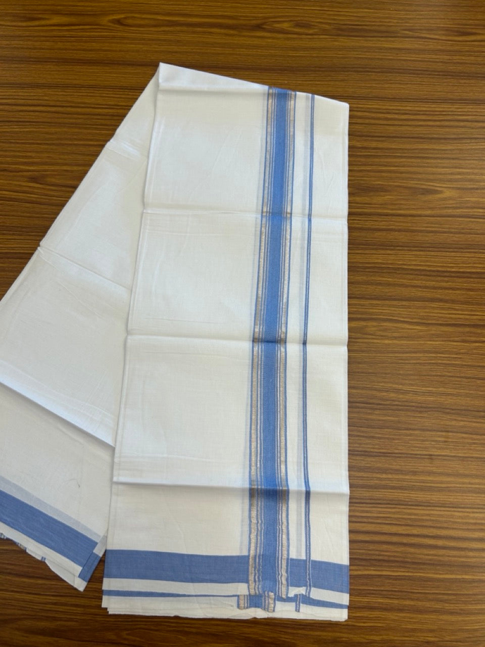 KaithariKada Balaramapuram 100% Cotton Single Pure White Mundu/Dhoti - 100X80 - 1.5 inch Silver Kasav Ocean Blue Stripes kara 1.90 mtr (4 muzham) - 14 KK5282 PMC