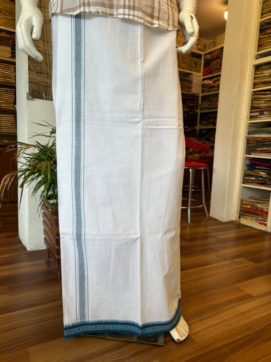 27% Discount!!! Kaitharikada pure Cotton - Single Kaily / Lungi - 1.5 inch Peacock Blue Striped Kuppadam kara with White colour body (2 meter / 4 muzham) - 11KK8002AST