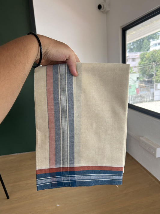 Kaitharikada - Pure Cotton Single Off White - (Unbleached) Kaily / Lungi -2/ 60s - 2.75 Inch Peacock Blue & Brownish Orange Striped Kara with Off White colour body (2 meter / 4 muzham)- 11 KK8053 KUT
