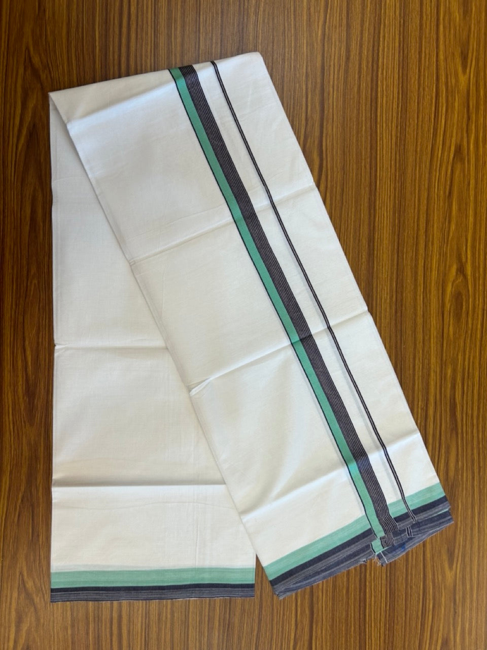 18% Discount!! KaithariKada Balaramapuram 100% Cotton Single Pure White Mundu/Dhoti - 100X80 - 1.25 inch Silver Kasav Black & Turquoise Green Stripes kara 1.90 mtr (4 muzham) - 27 KK5282 PMC