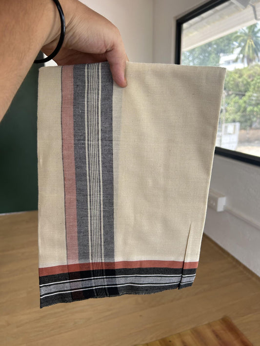 Kaitharikada - Pure Cotton Single Off White - (Unbleached) Kaily / Lungi -2/ 60s - 2.75 Inch Black & Brownish Orange Striped  Kara with Off White colour body (2 meter / 4 muzham)- 10 KK8053 KUT