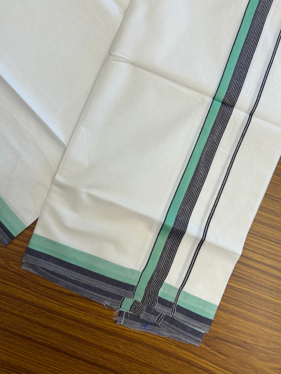 18% Discount!! KaithariKada Balaramapuram 100% Cotton Single Pure White Mundu/Dhoti - 100X80 - 1.25 inch Silver Kasav Black & Turquoise Green Stripes kara 1.90 mtr (4 muzham) - 27 KK5282 PMC