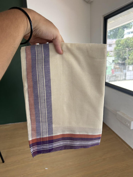 Kaitharikada - Pure Cotton Single Off White - (Unbleached) Kaily / Lungi -2/ 60s - 2.75 Inch Purple & Brownish Orange Striped  Kara Kuppadam Border with Off White colour body (2 meter / 4 muzham)- 8 KK8053 KUT