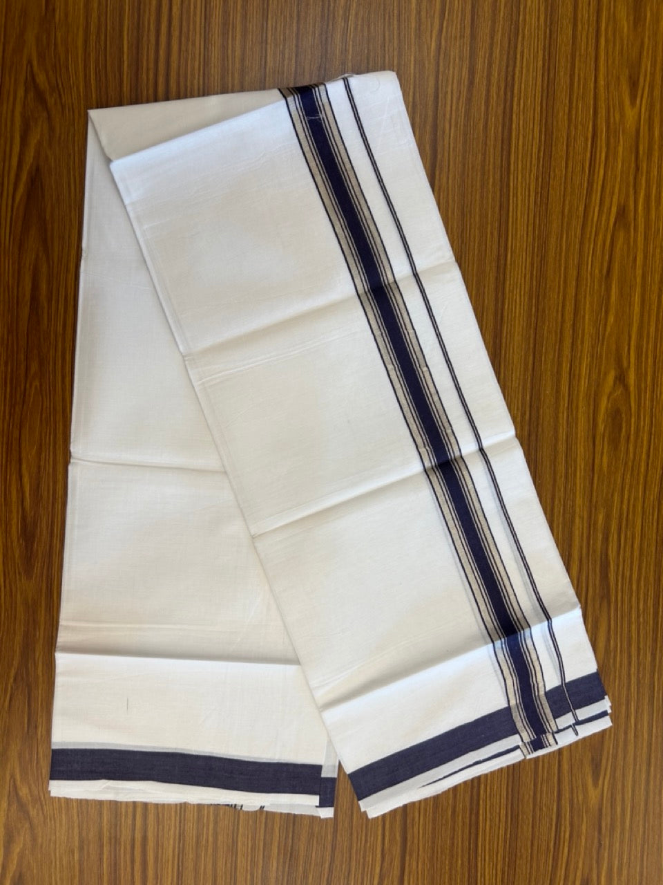 18% Discount!! KaithariKada Balaramapuram 100% Cotton Single Pure White Mundu/Dhoti - 100X80 - 1.25 inch Silver Kasav Indigo Blue Stripes kara 1.90 mtr (4 muzham) - 18 KK5282 PMC