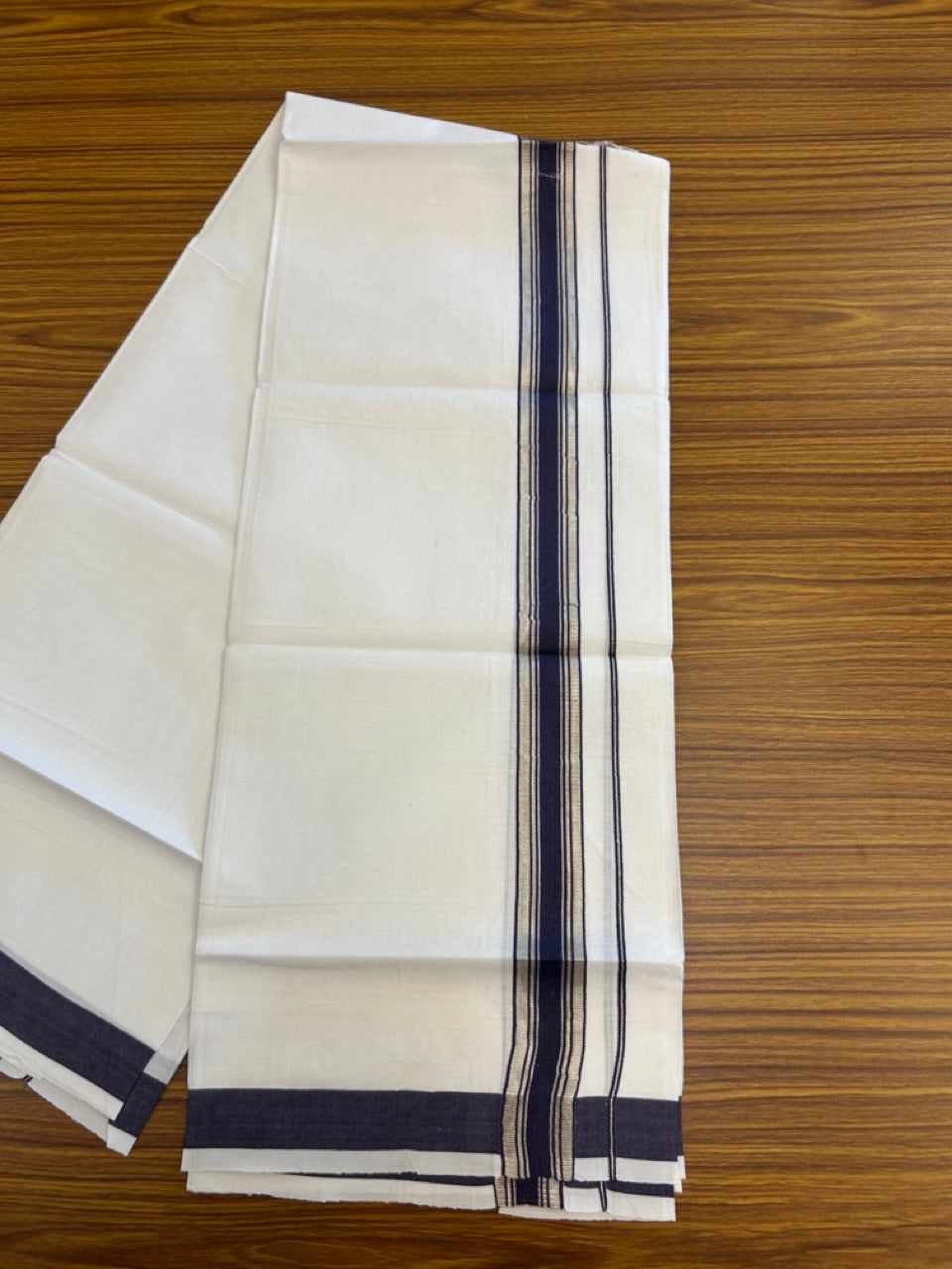 18% Discount!! KaithariKada Balaramapuram 100% Cotton Single Pure White Mundu/Dhoti - 100X80 - 1.25 inch Silver Kasav Indigo Blue Stripes kara 1.90 mtr (4 muzham) - 18 KK5282 PMC
