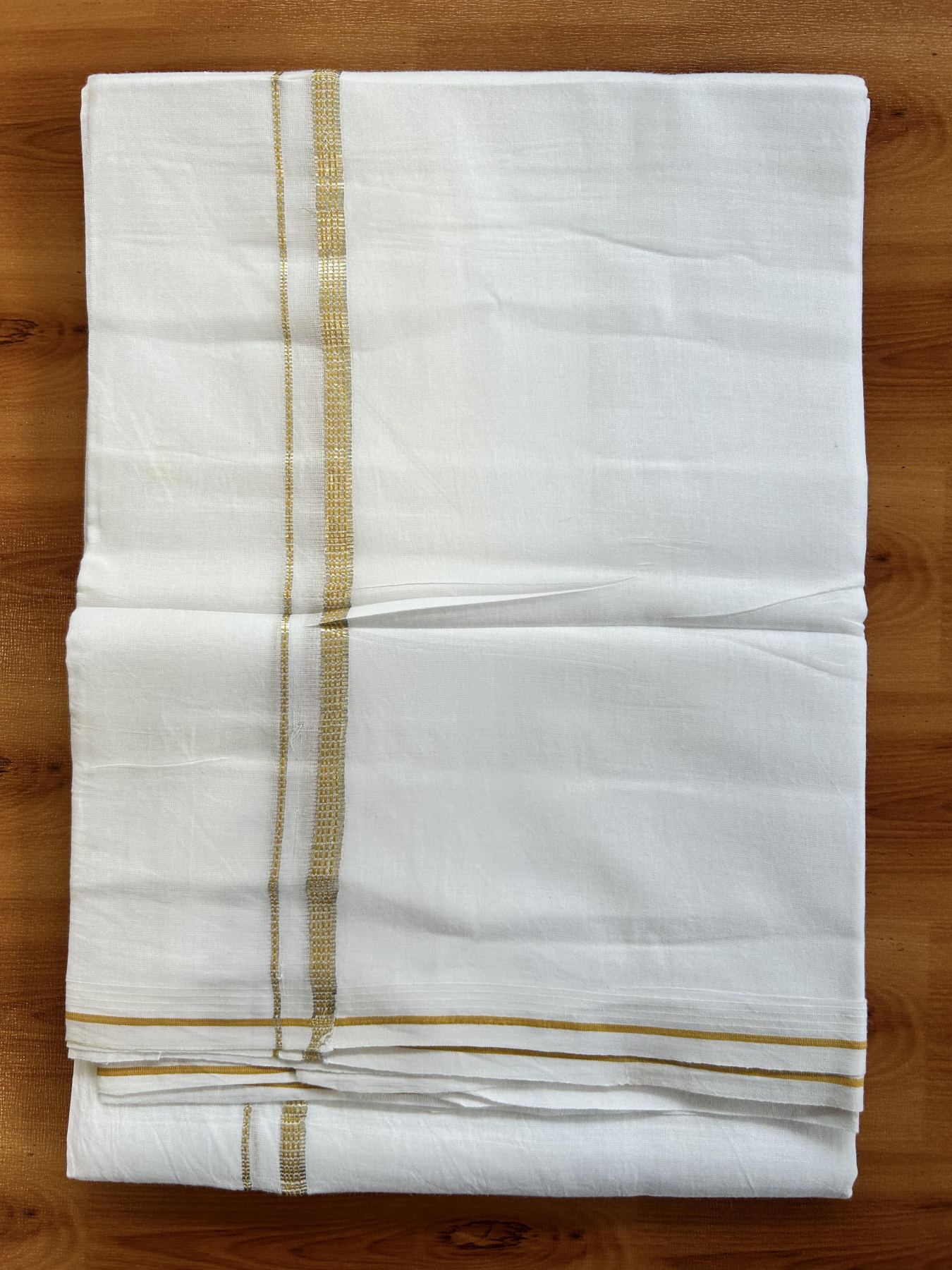 Double Pure White Mundu/Dothi - 20% Discount!! Kaitharikada Balaramapuram Pure Cotton 100x80 - 0.5 cm Silver Kasav & Yellow Design Kara - 3.90 mtr (8 muzham) - 44 KK5416 GAN