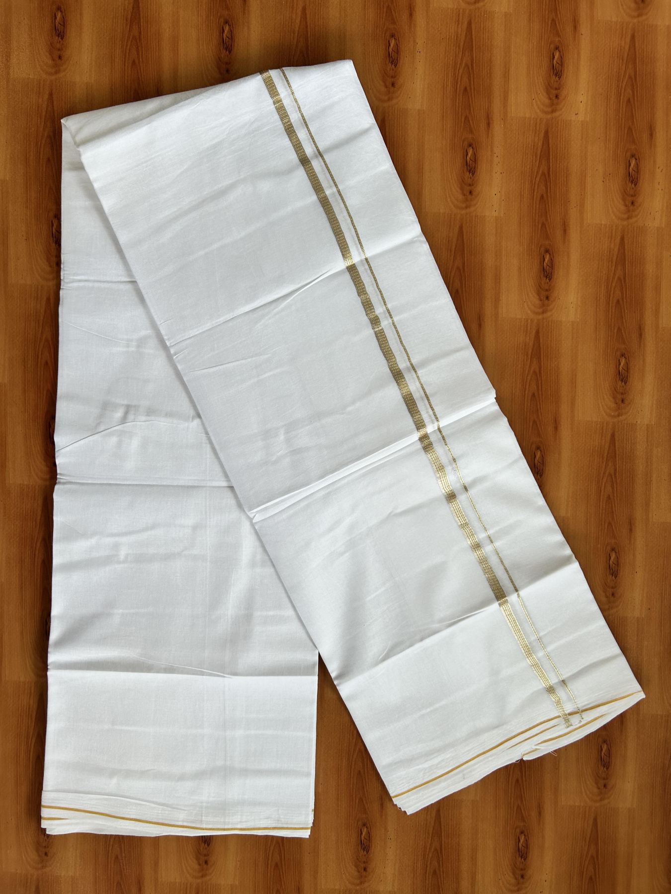 Double Pure White Mundu/Dothi - 20% Discount!! Kaitharikada Balaramapuram Pure Cotton 100x80 - 0.5 cm Silver Kasav & Yellow Design Kara - 3.90 mtr (8 muzham) - 44 KK5416 GAN