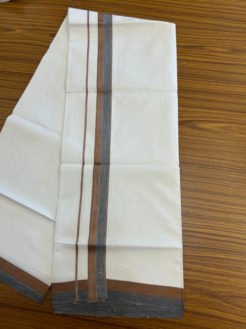 18% Discount!! KaithariKada Balaramapuram 100% Cotton Single Pure White Mundu/Dhoti - 100X80 - 1.25 inch Silver Kasav Black & Dark Brown Stripes kara 1.90 mtr (4 muzham) - 26 KK5282 PMC