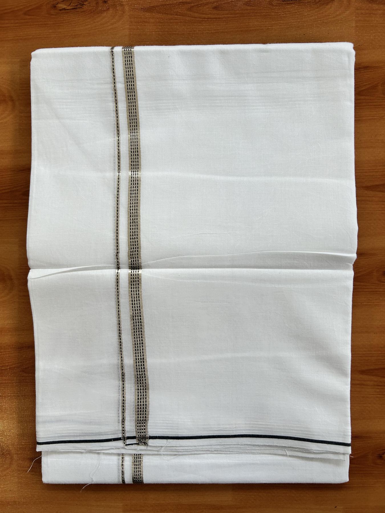 Double Pure White Mundu/Dothi - 20% Discount!! Kaitharikada Balaramapuram Pure Cotton 100x80 - 0.5 cm Silver Kasav & Black Design Kara - 3.90 mtr (8 muzham) - 42 KK5416 GAN