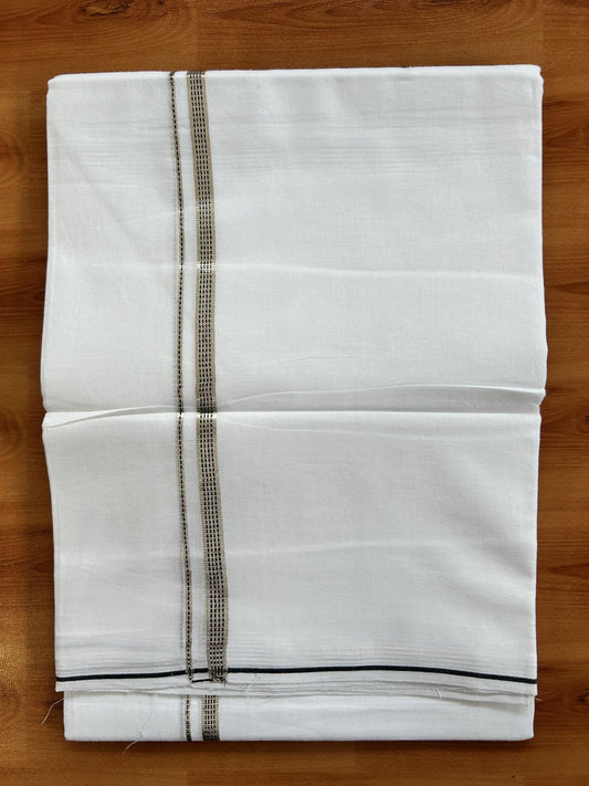 Double Pure White Mundu/Dothi - 20% Discount!! Kaitharikada Balaramapuram Pure Cotton 100x80 - 0.5 cm Silver Kasav & Black Design Kara - 3.90 mtr (8 muzham) - 42 KK5416 GAN