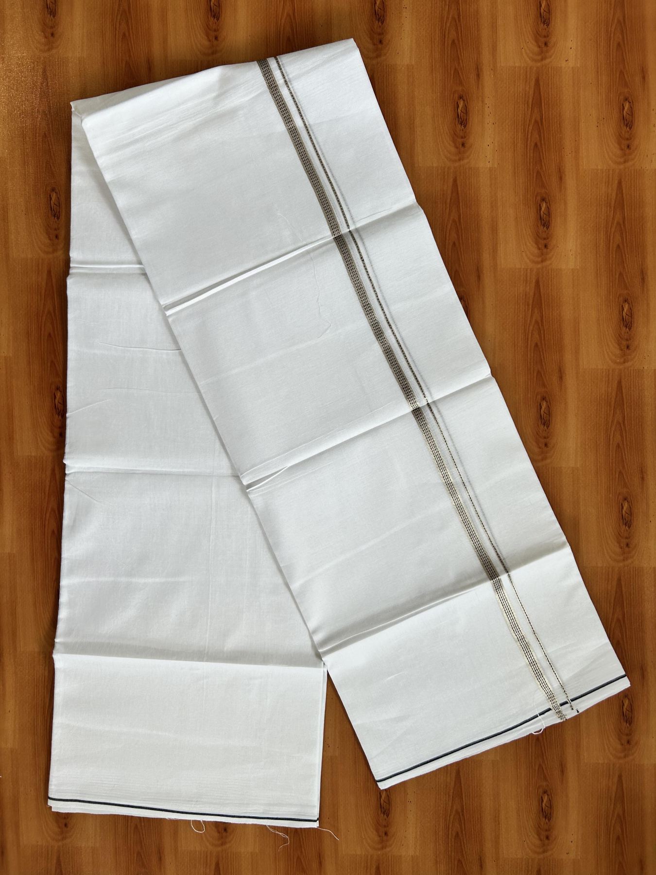 Double Pure White Mundu/Dothi - 20% Discount!! Kaitharikada Balaramapuram Pure Cotton 100x80 - 0.5 cm Silver Kasav & Black Design Kara - 3.90 mtr (8 muzham) - 42 KK5416 GAN