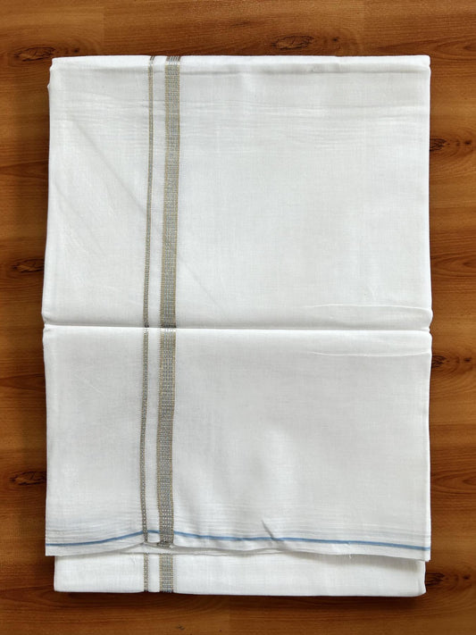 Double Pure White Mundu/Dothi - 20% Discount!! Kaitharikada Balaramapuram Pure Cotton 100x80 - 0.5 cm Silver Kasav & Light Blue Design Kara - 3.90 mtr (8 muzham) - 45 KK5416 GAN