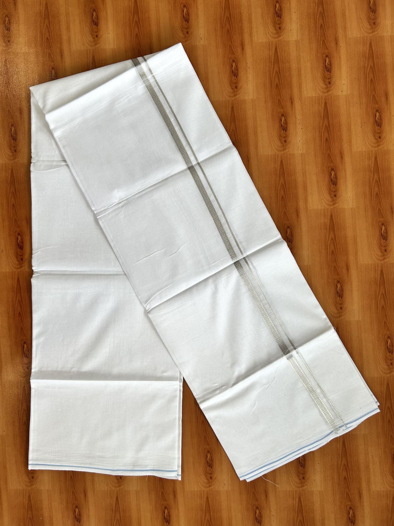 Double Pure White Mundu/Dothi - 20% Discount!! Kaitharikada Balaramapuram Pure Cotton 100x80 - 0.5 cm Silver Kasav & Light Blue Design Kara - 3.90 mtr (8 muzham) - 45 KK5416 GAN