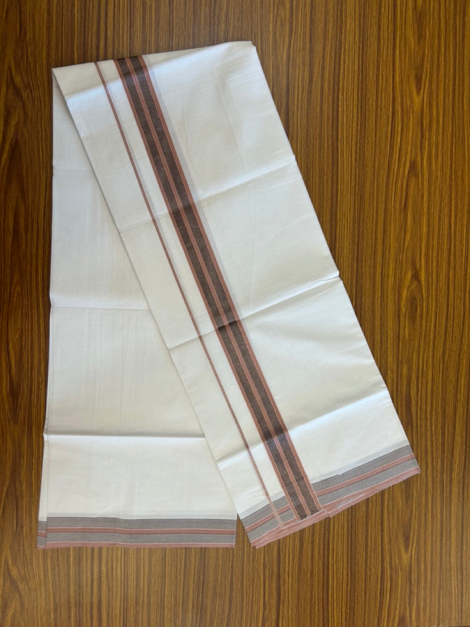19% Discount!! KaithariKada Balaramapuram 100% Cotton Single Pure White Mundu/Dhoti - 100X80 - 1.5 inch Silver Kasav Black & Dusty Peach Stripes kara 1.90 mtr (4 muzham) - 22 KK5282 PMC