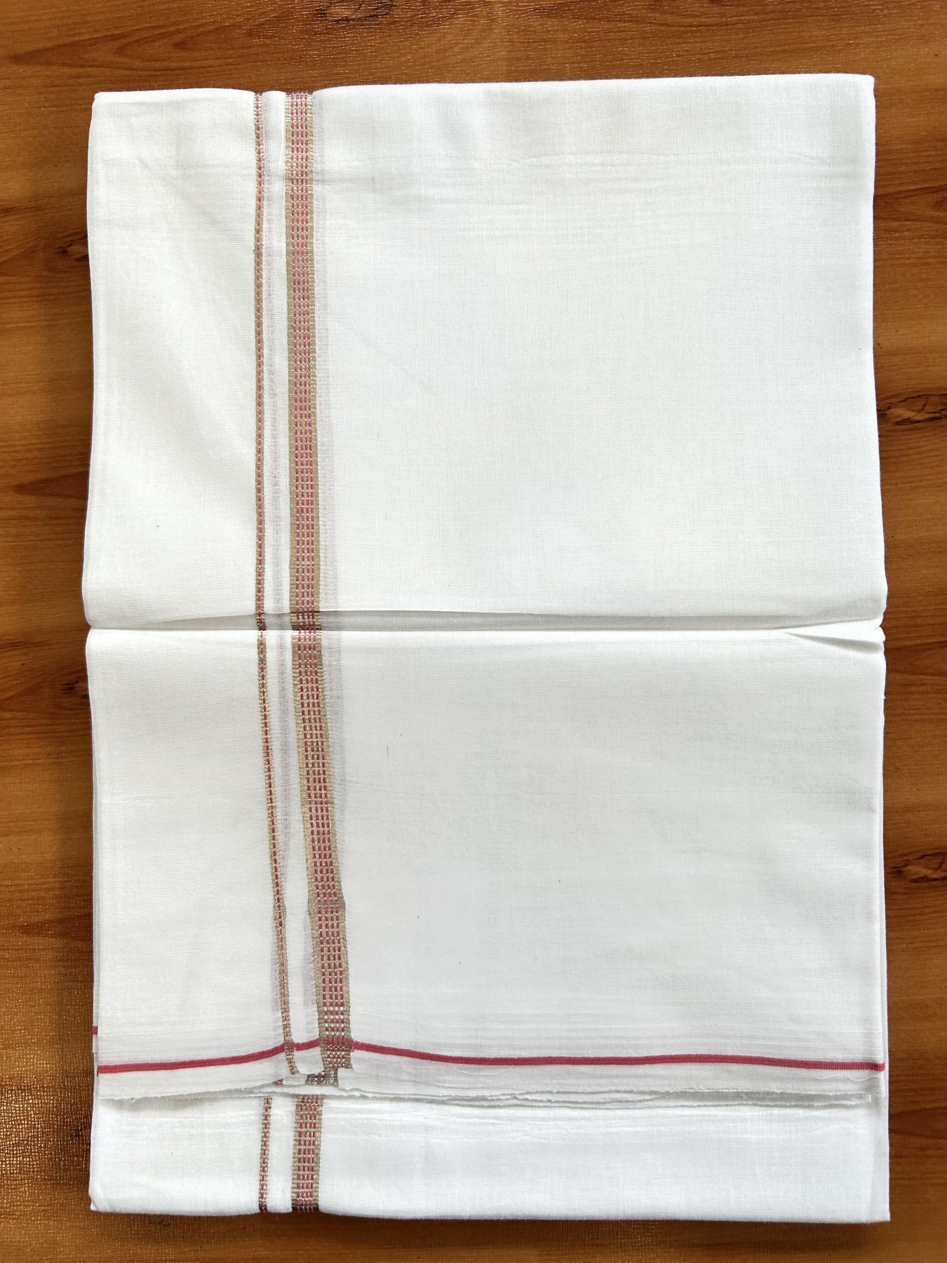 Double Pure White Mundu/Dothi - 20% Discount!! Kaitharikada Balaramapuram Pure Cotton 100x80 - 0.5 cm Silver Kasav & Pink Design Kara - 3.90 mtr (8 muzham) - 43 KK5416 GAN