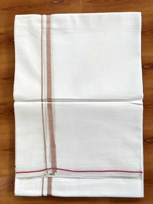 Double Pure White Mundu/Dothi - 20% Discount!! Kaitharikada Balaramapuram Pure Cotton 100x80 - 0.5 cm Silver Kasav & Pink Design Kara - 3.90 mtr (8 muzham) - 43 KK5416 GAN