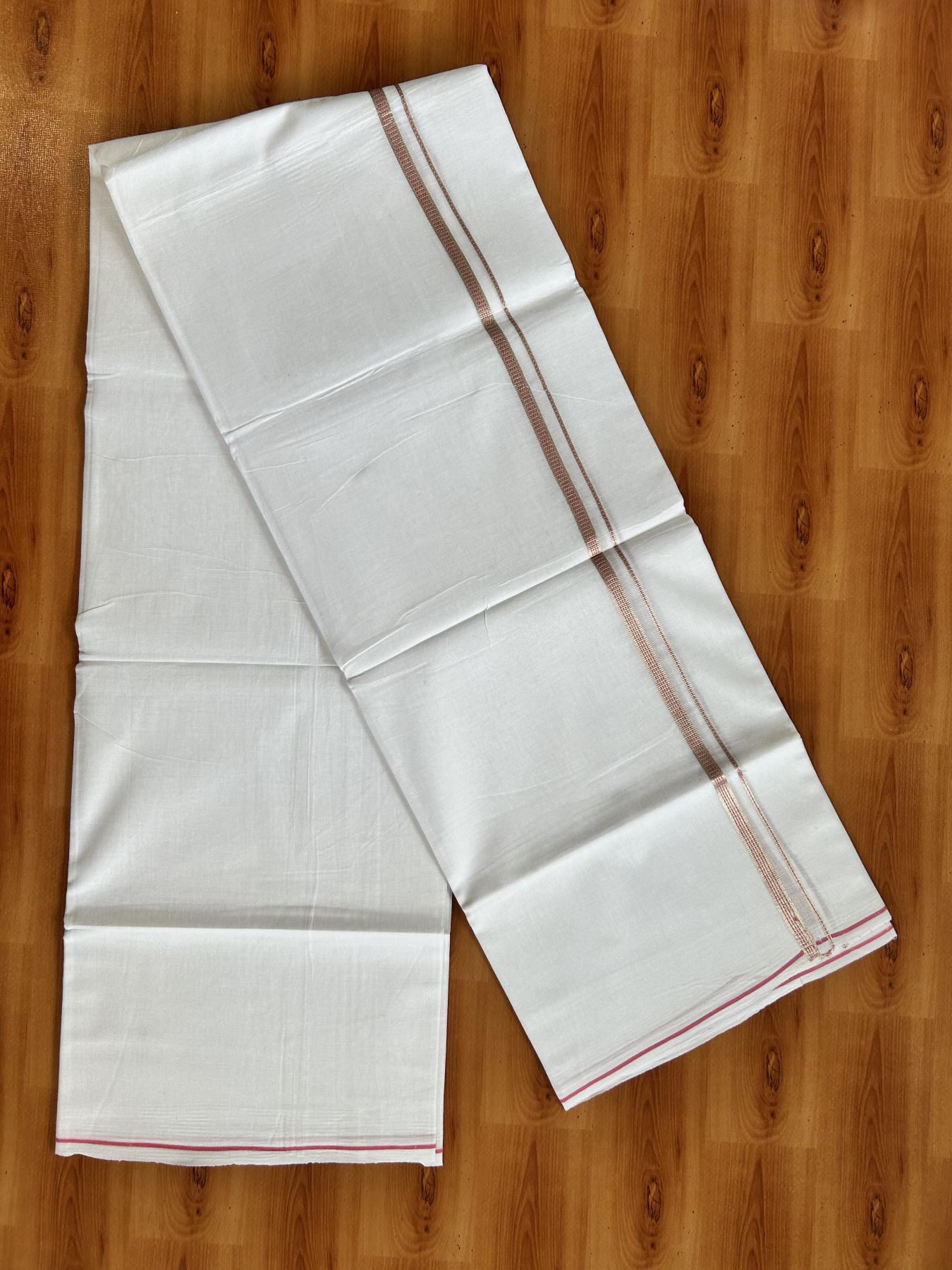 Double Pure White Mundu/Dothi - 20% Discount!! Kaitharikada Balaramapuram Pure Cotton 100x80 - 0.5 cm Silver Kasav & Pink Design Kara - 3.90 mtr (8 muzham) - 43 KK5416 GAN
