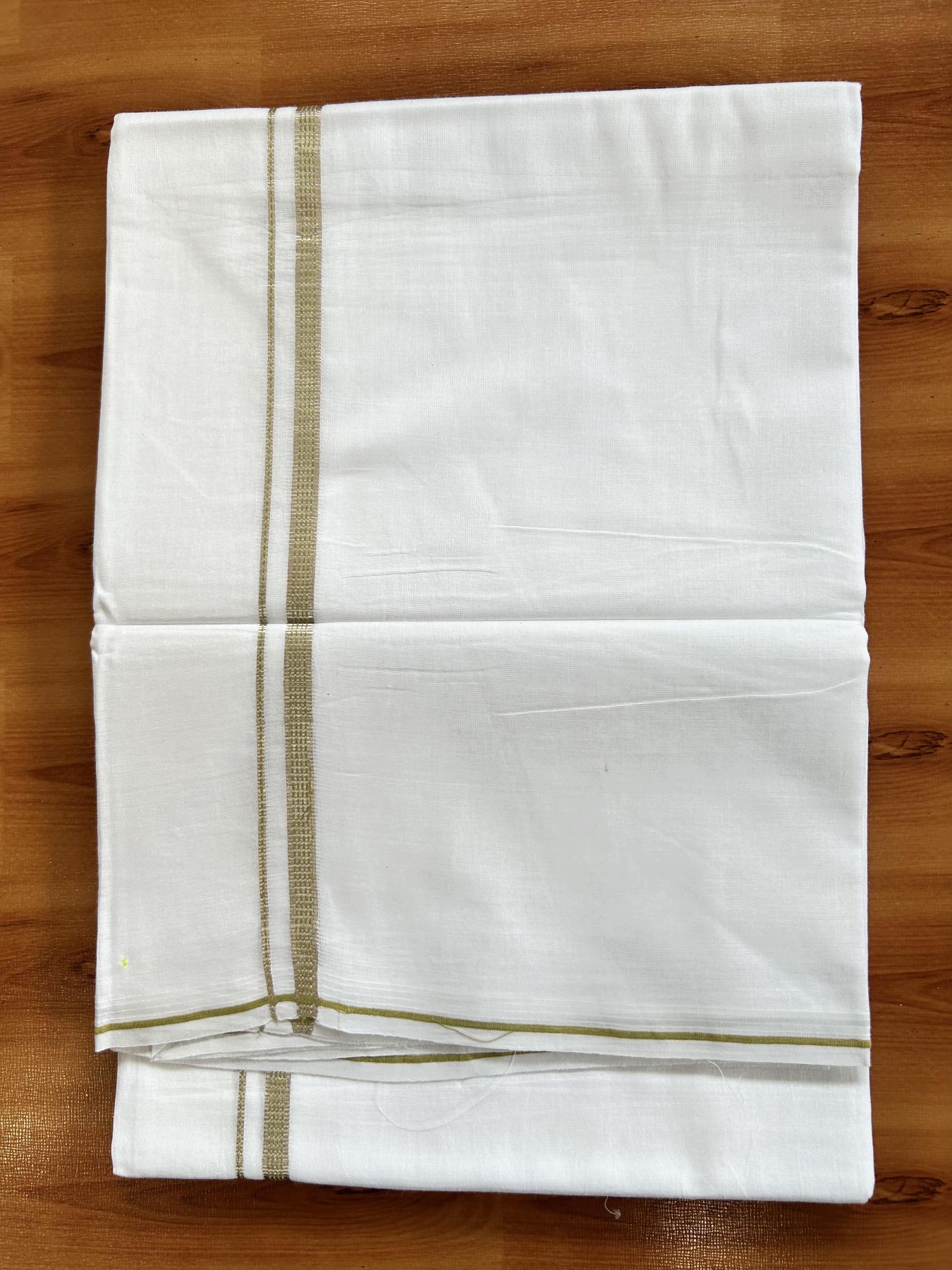 Double Pure White Mundu/Dothi - 20% Discount!! Kaitharikada Balaramapuram Pure Cotton 100x80 - 0.5 cm Silver Kasav & Parrot Green Design Kara - 3.90 mtr (8 muzham) - 46 KK5416 GAN