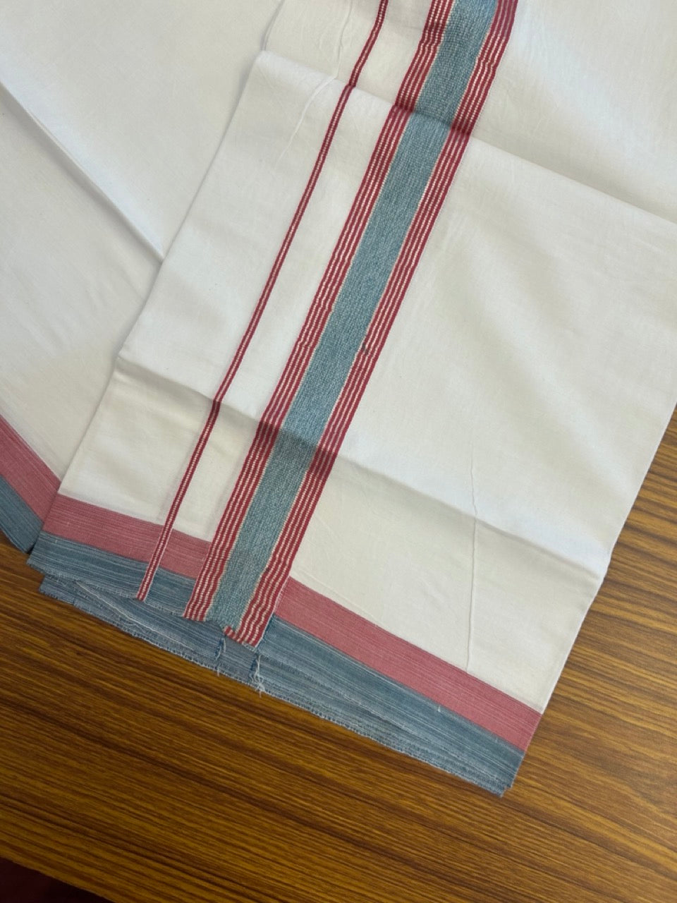 16% Discount!! KaithariKada Balaramapuram 100% Cotton Single Pure White Mundu/Dhoti - 100X80 - 1.5 inch Silver Kasav Teal Green & Red Stripes kara 1.90 mtr (4 muzham) - 33 KK5282 PMC