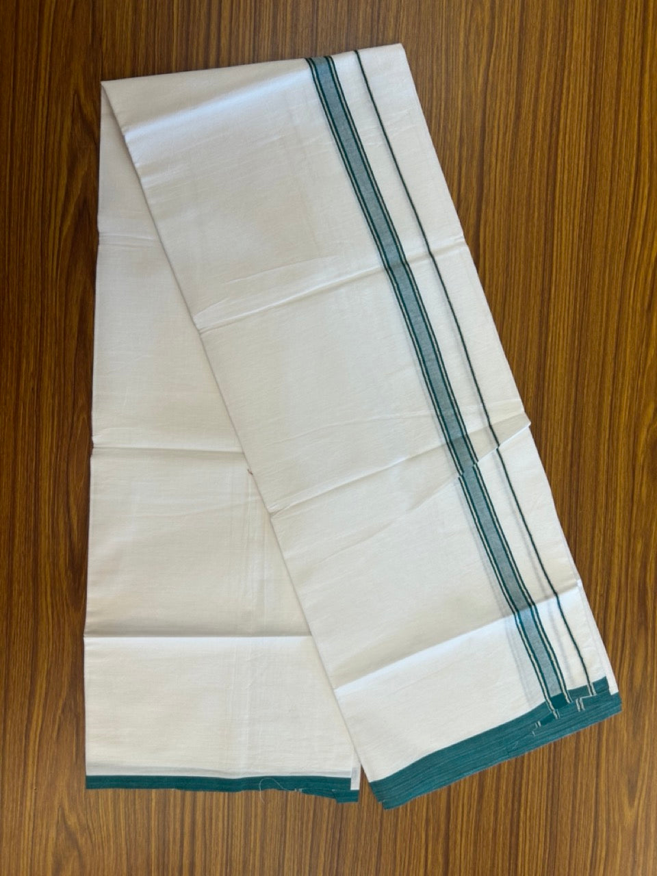 5% Discount!! KaithariKada Balaramapuram 100% Cotton Single Pure White Mundu/Dhoti - 100X80 - 0.75 inch Silver Kasav Green Stripes kara 1.90 mtr (4 muzham) - 19 KK5282 PMC