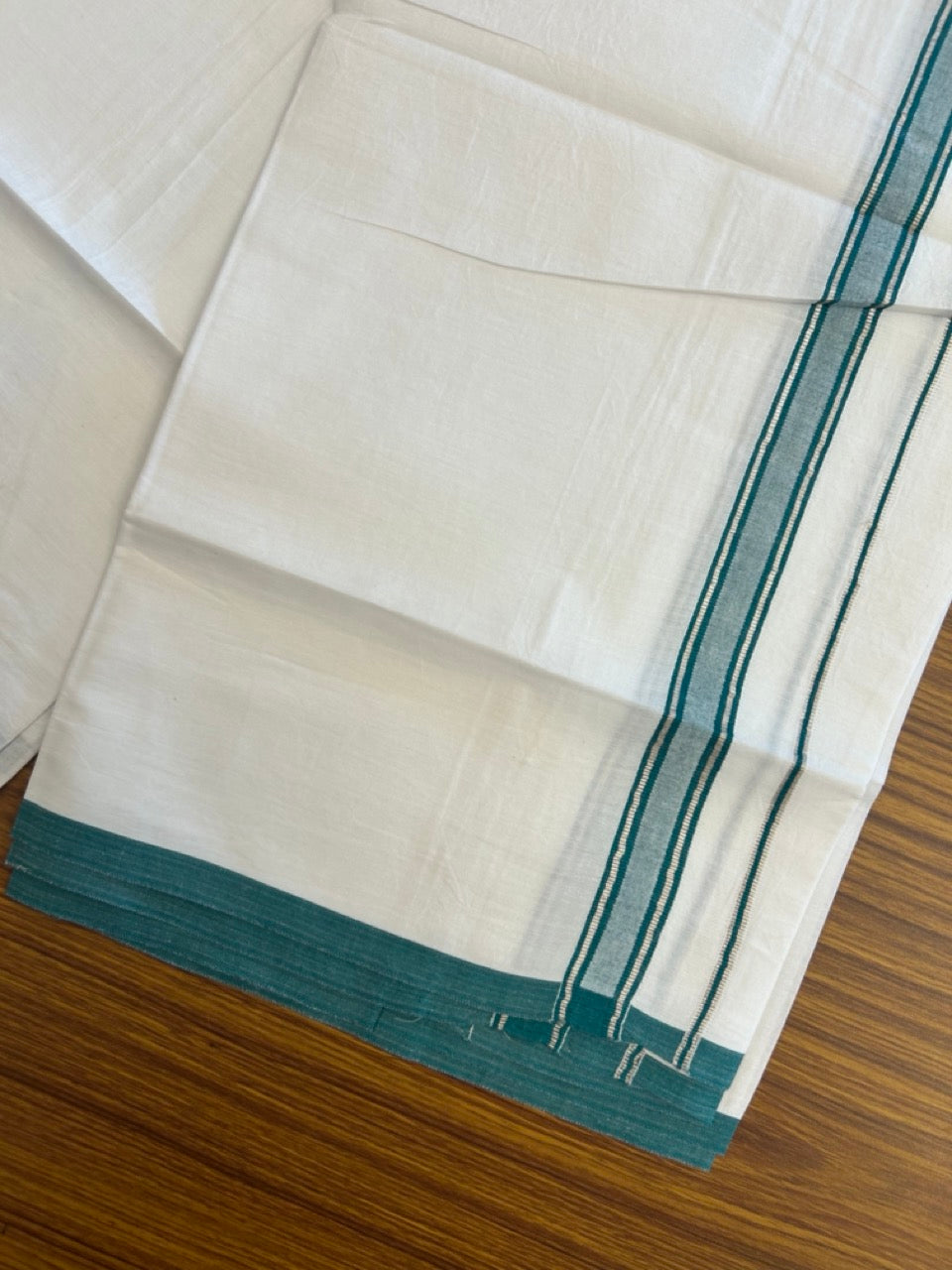 5% Discount!! KaithariKada Balaramapuram 100% Cotton Single Pure White Mundu/Dhoti - 100X80 - 0.75 inch Silver Kasav Green Stripes kara 1.90 mtr (4 muzham) - 19 KK5282 PMC