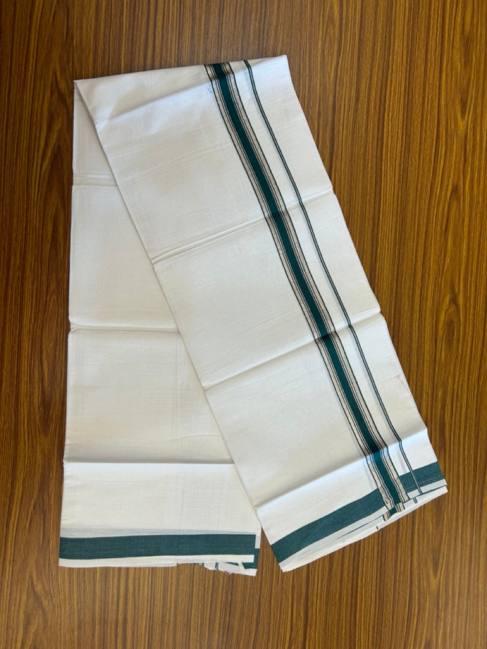 18% Discount!! KaithariKada Balaramapuram 100% Cotton Single Pure White Mundu/Dhoti - 100X80 - 1.25 inch Silver Kasav Dark Green Stripes kara 1.90 mtr (4 muzham) - 16 KK5282 PMC