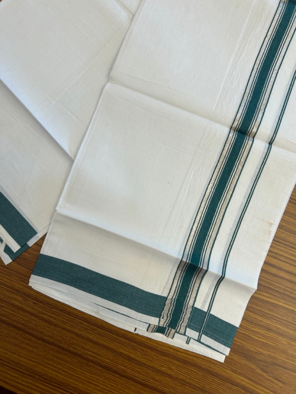 18% Discount!! KaithariKada Balaramapuram 100% Cotton Single Pure White Mundu/Dhoti - 100X80 - 1.25 inch Silver Kasav Dark Green Stripes kara 1.90 mtr (4 muzham) - 16 KK5282 PMC