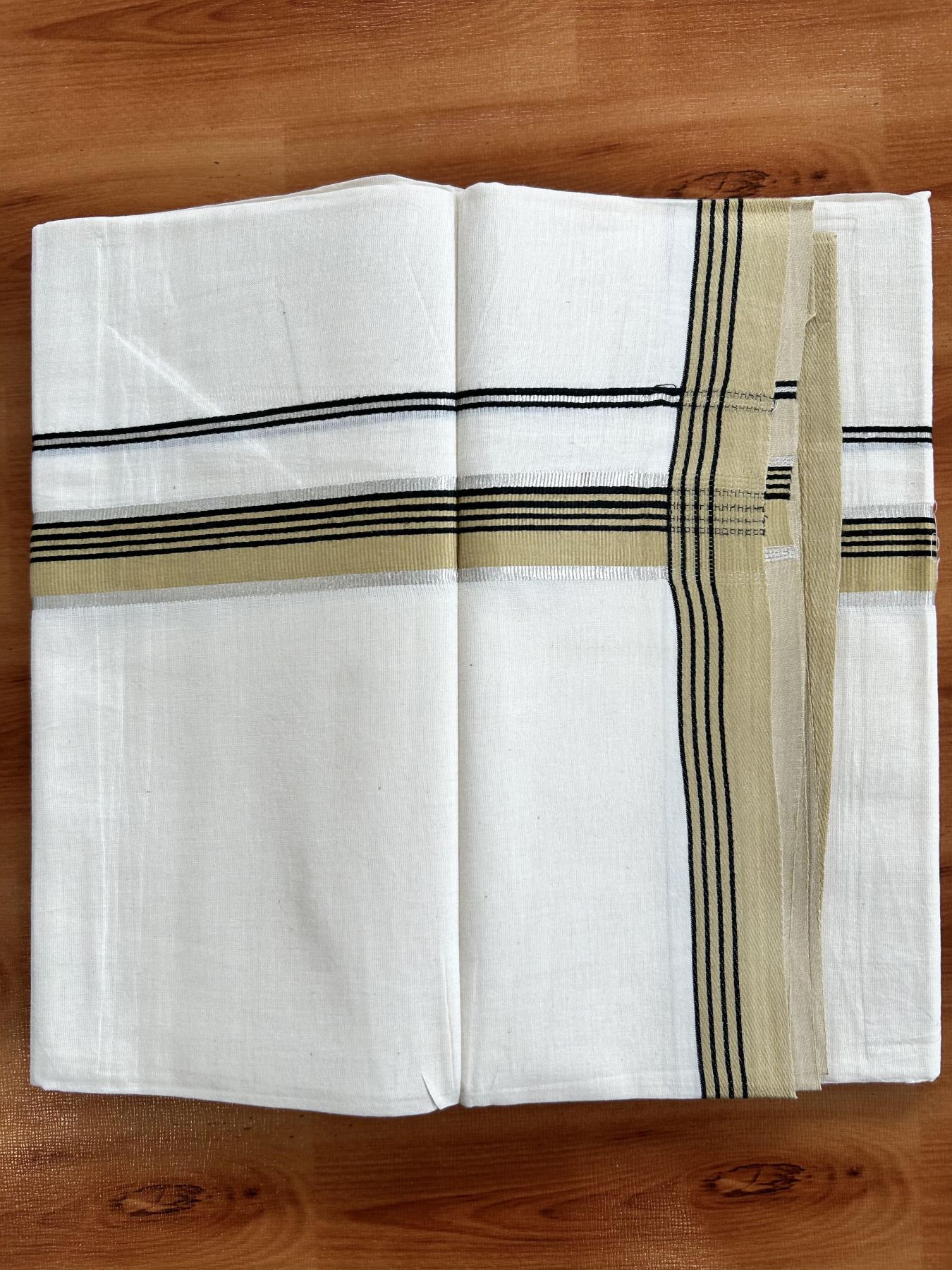 Double Off White  Mundu/Dhoti- 20% Discount! KaithariKada Balaramapuram Pure Cotton - 100x80 - 1 inch Silver Kasav & Mustard & Black Striped Kara - 4mtr (8.5muzham) - 3 KK5417 VAS