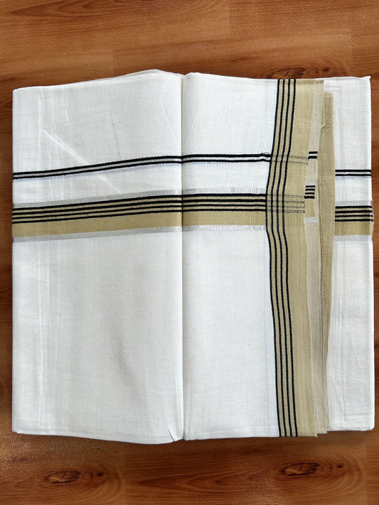 Double Off White  Mundu/Dhoti- 20% Discount! KaithariKada Balaramapuram Pure Cotton - 100x80 - 1 inch Silver Kasav & Mustard & Black Striped Kara - 4mtr (8.5muzham) - 3 KK5417 VAS