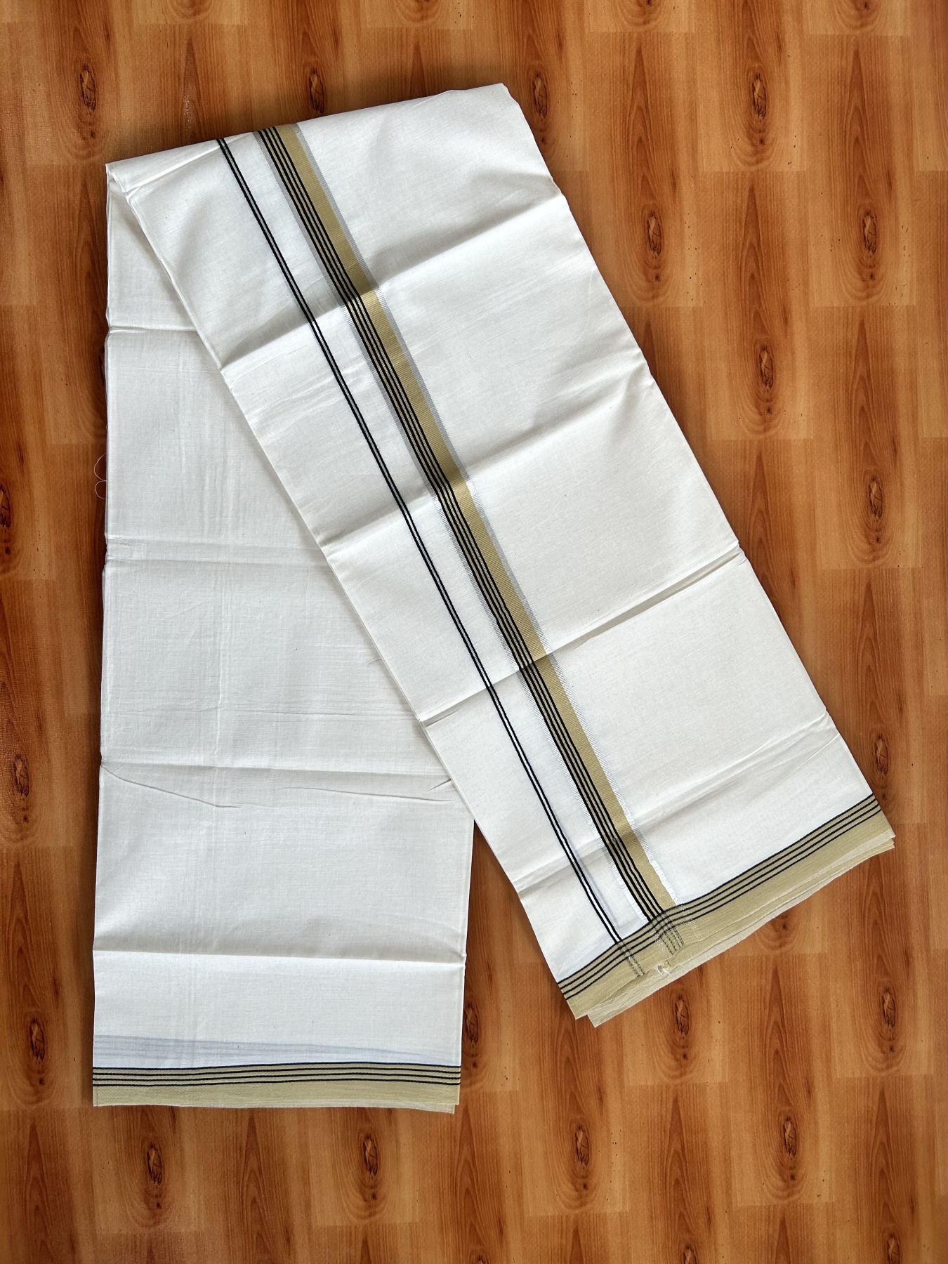 Double Off White  Mundu/Dhoti- 20% Discount! KaithariKada Balaramapuram Pure Cotton - 100x80 - 1 inch Silver Kasav & Mustard & Black Striped Kara - 4mtr (8.5muzham) - 3 KK5417 VAS