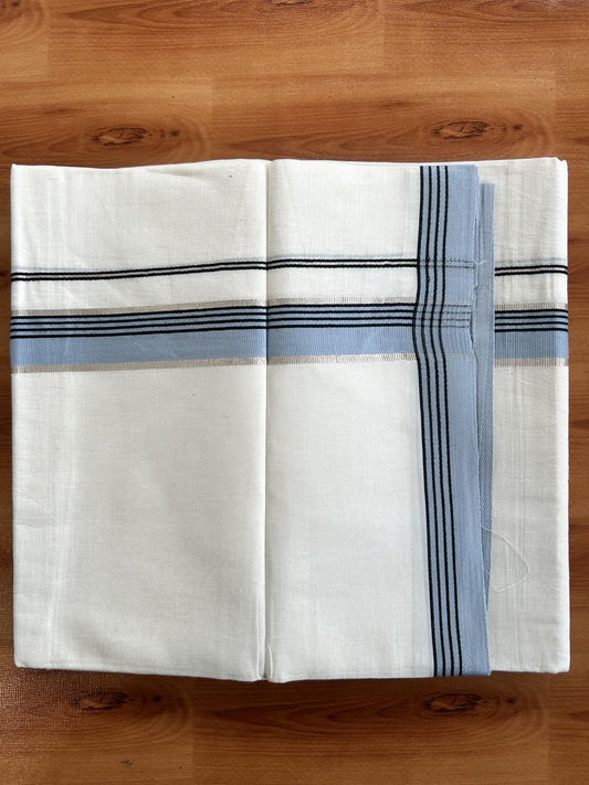 Double Off White  Mundu/Dhoti- 20% Discount! KaithariKada Balaramapuram Pure Cotton - 100x80 - 1 inch Silver Kasav & Greyish Blue & Black Striped Kara - 4mtr (8.5muzham) - 2 KK5417 VAS