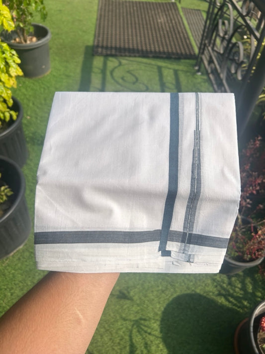 30% DISCOUNT!! KaithariKada HANDLOOM Unakkupaavu Balaramapuram - 100% PURE Cotton PURE WHITE - Double Mundu/Dothi - Ash Blue & Silver puliyilakkara chutty - 21KK5129YAR