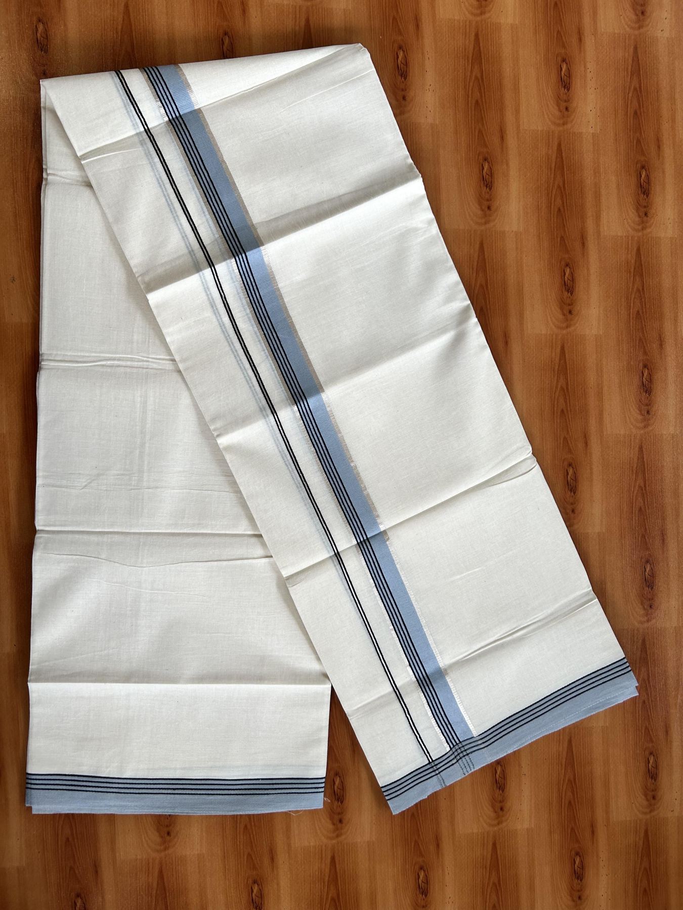 Double Off White  Mundu/Dhoti- 20% Discount! KaithariKada Balaramapuram Pure Cotton - 100x80 - 1 inch Silver Kasav & Greyish Blue & Black Striped Kara - 4mtr (8.5muzham) - 2 KK5417 VAS