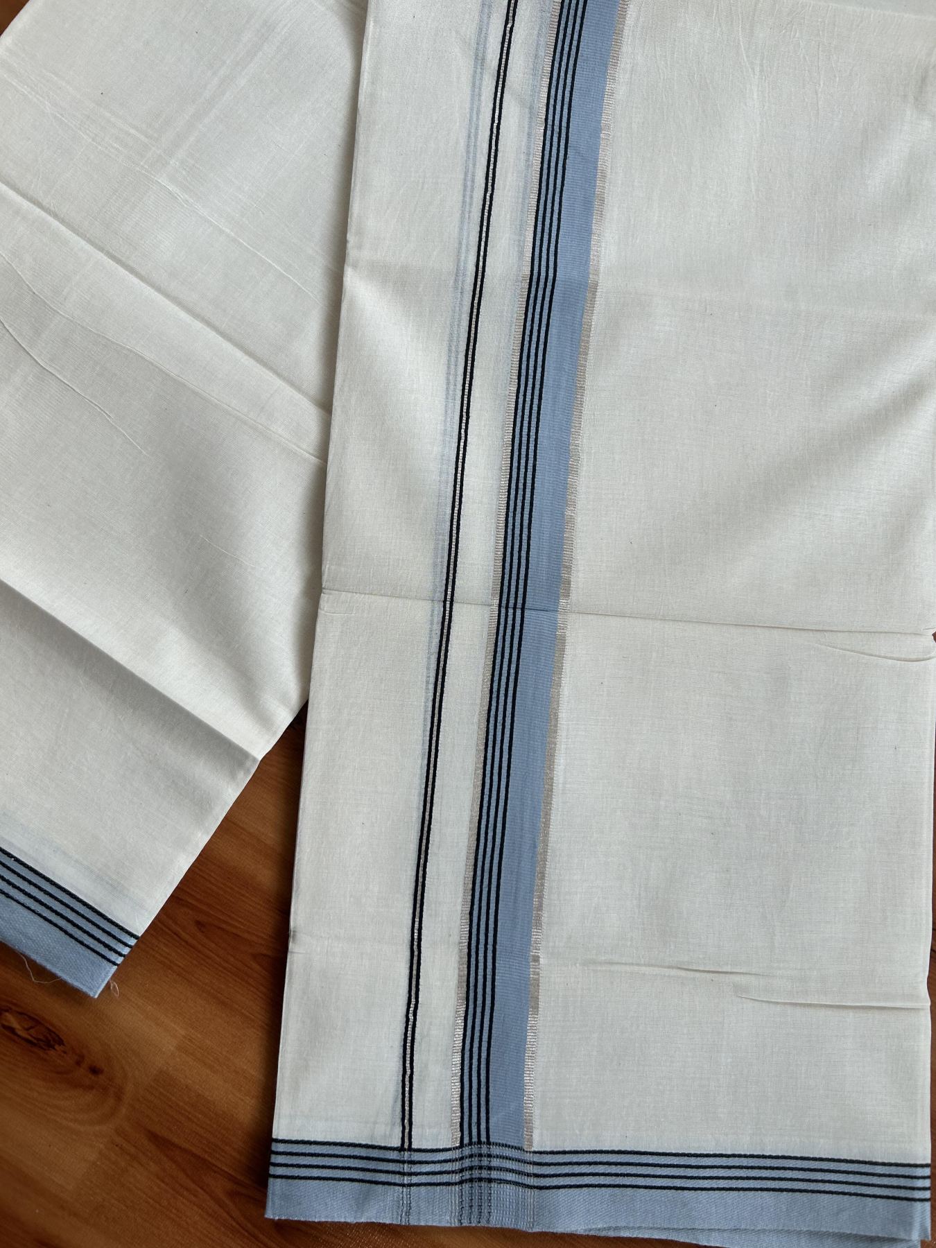 Double Off White  Mundu/Dhoti- 20% Discount! KaithariKada Balaramapuram Pure Cotton - 100x80 - 1 inch Silver Kasav & Greyish Blue & Black Striped Kara - 4mtr (8.5muzham) - 2 KK5417 VAS