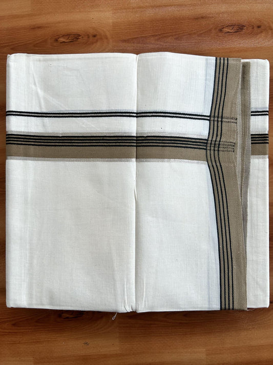 Double Off White  Mundu/Dhoti- 20% Discount! KaithariKada Balaramapuram Pure Cotton - 100x80 - 1 inch Silver Kasav & Walnut Brown & Black Striped Kara - 4mtr (8.5muzham) - 4 KK5417 VAS