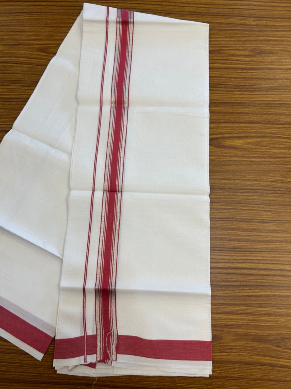 18% Discount!! KaithariKada Balaramapuram 100% Cotton Single Pure White Mundu/Dhoti - 100X80 - 1.25 inch Silver Kasav Reddish Pink Stripes kara 1.90 mtr (4 muzham) - 17 KK5282 PMC